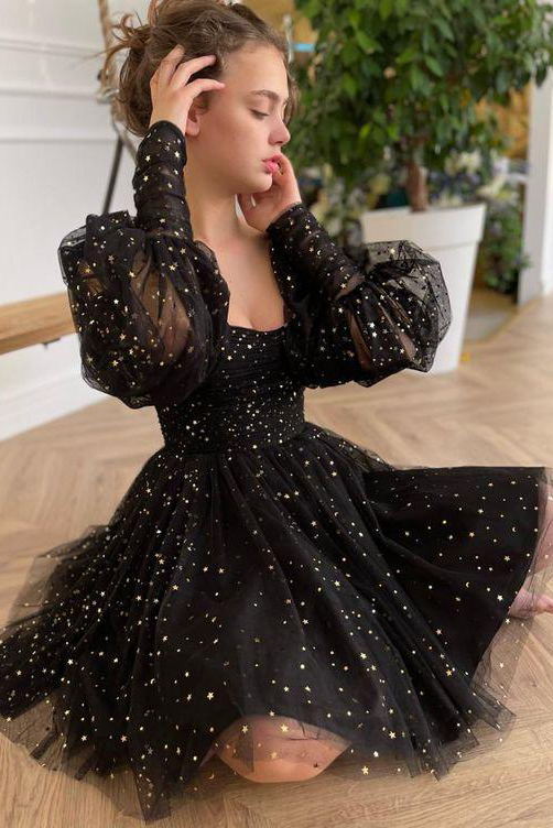 princess black tulle long sleeves homecoming dress starry night sweet 16 dress