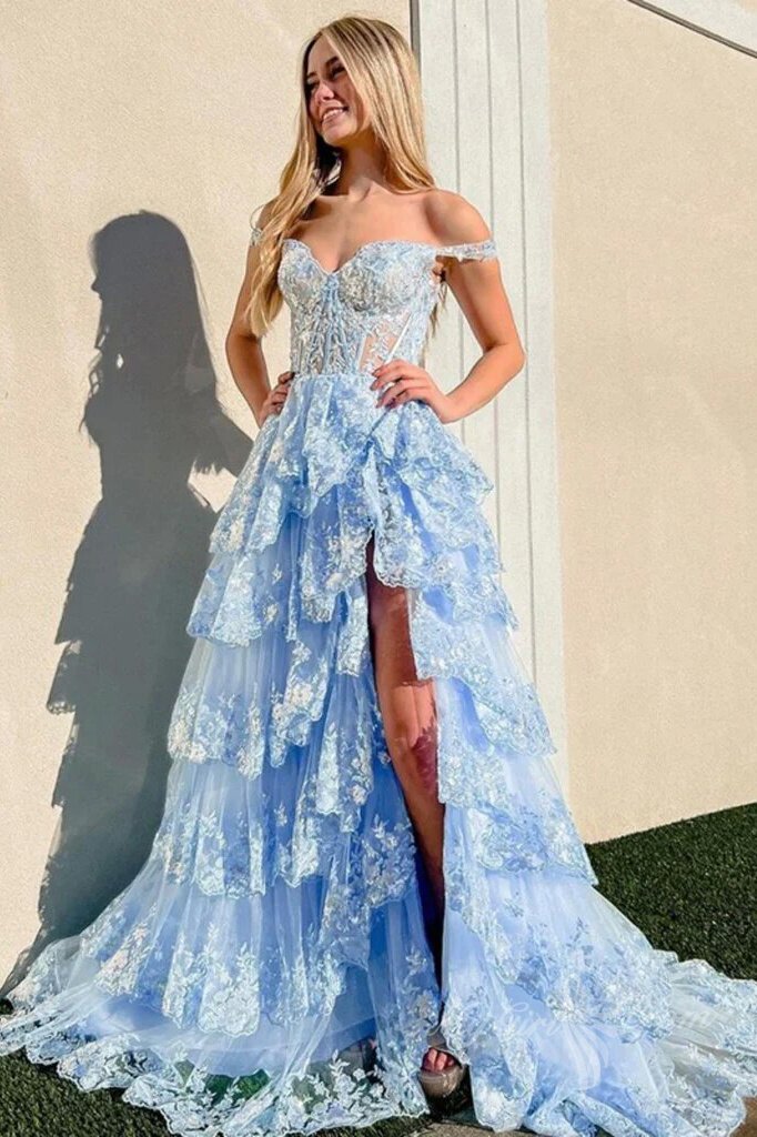 princess pink lace layered long prom dresses lace slit formal evening dresses