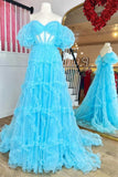 princess pink sheer tulle long prom dress with ruffles off shoulder puff sleeves formal gown