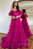 princess pink sheer tulle long prom dress with ruffles off shoulder puff sleeves formal gown