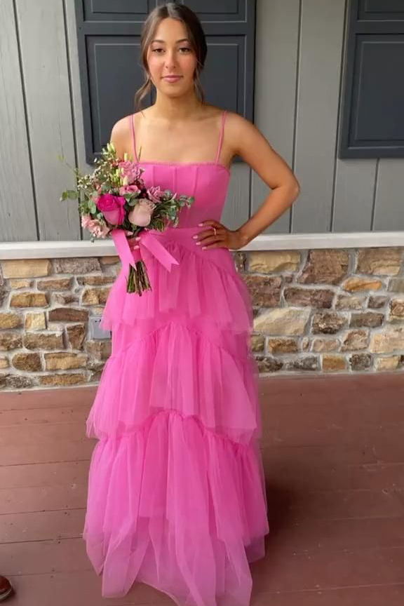 princess hot pink long prom dress layered tulle sleeveless corset gown