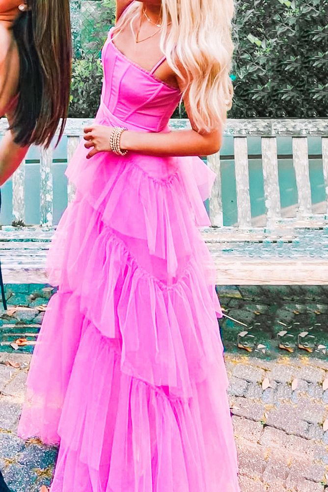 princess hot pink long prom dress layered tulle sleeveless corset gown