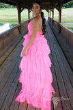princess layered pink long prom dresses tulle sleeveless pink graduation dress