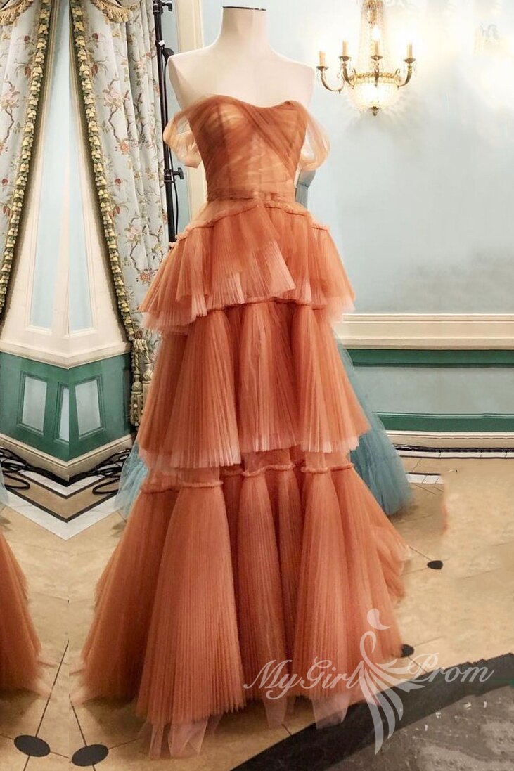 princess off the shoulder brown tulle tiered prom dress long formal gown