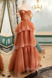Princess Off the Shoulder Brown Tulle Tiered Prom Dress, Long Formal Gown GP445