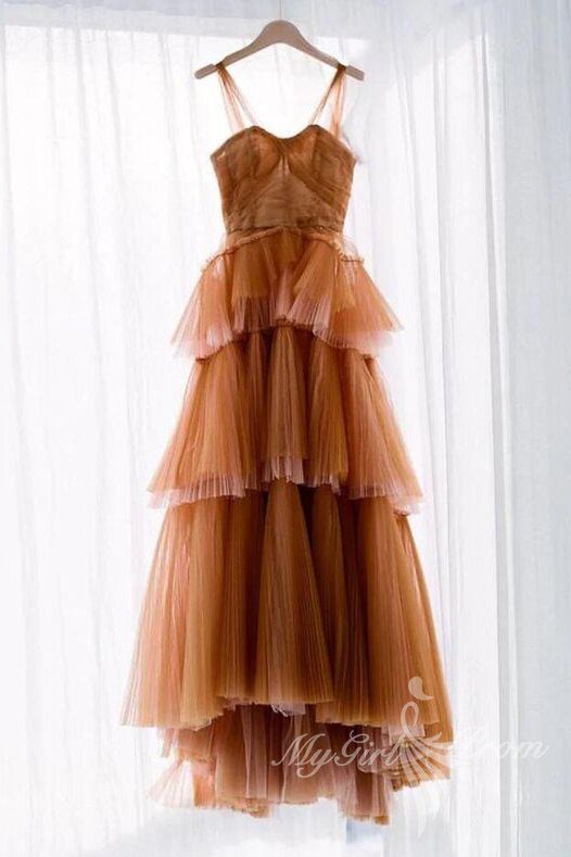 princess off the shoulder brown tulle tiered prom dress long formal gown