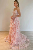 princess pink lace layered long prom dresses lace slit formal evening dresses