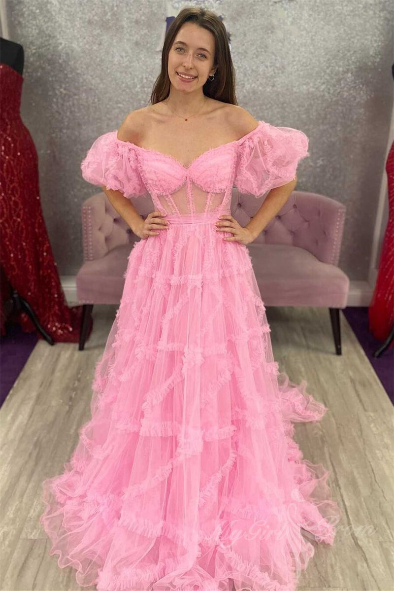 princess pink sheer tulle long prom dress with ruffles off shoulder puff sleeves formal gown