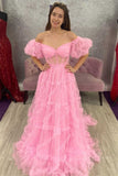 Princess Pink Sheer Tulle Long Prom Dress with Ruffles, Off-Shoulder Puff Sleeves Formal Gown GP487