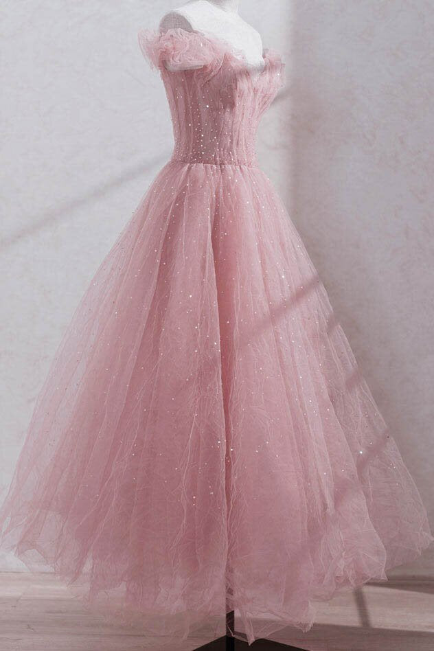 princess pink tulle tea length prom dress pink off shoulder sweet 16 dress