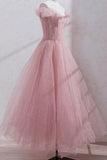princess pink tulle tea length prom dress pink off shoulder sweet 16 dress