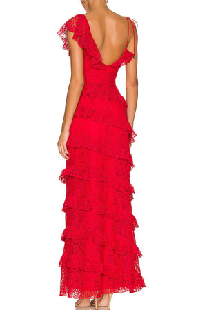 princess red lace tiered long prom dresses sleeveless graduation gown