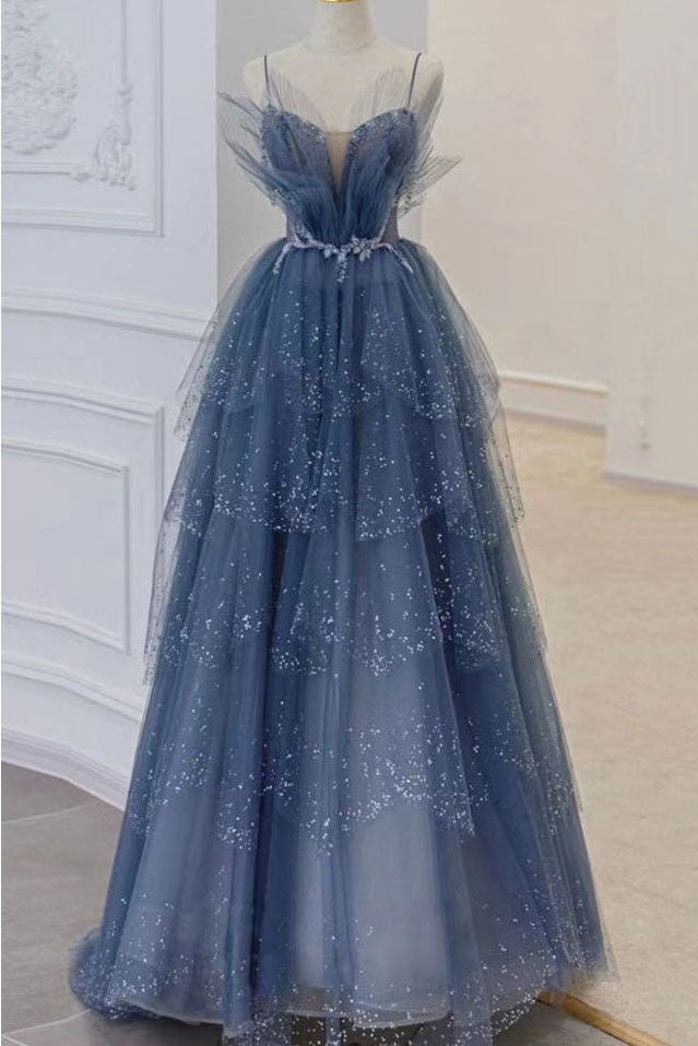 princess sparkly tulle blue beaded prom dress tiered formal gown