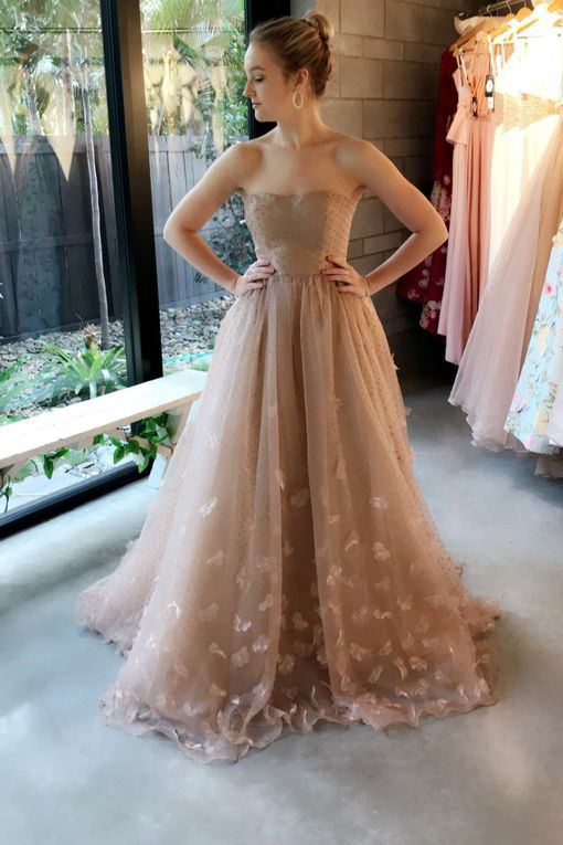 princess strapless dots tulle appliques pockets prom dresses