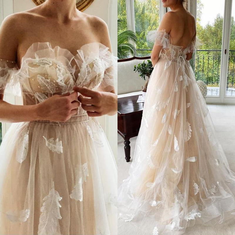 princess tulle feather lace up back wedding dresses pretty a line bridal gown