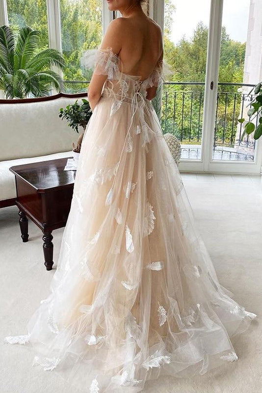 princess tulle feather lace up back wedding dresses pretty a line bridal gown