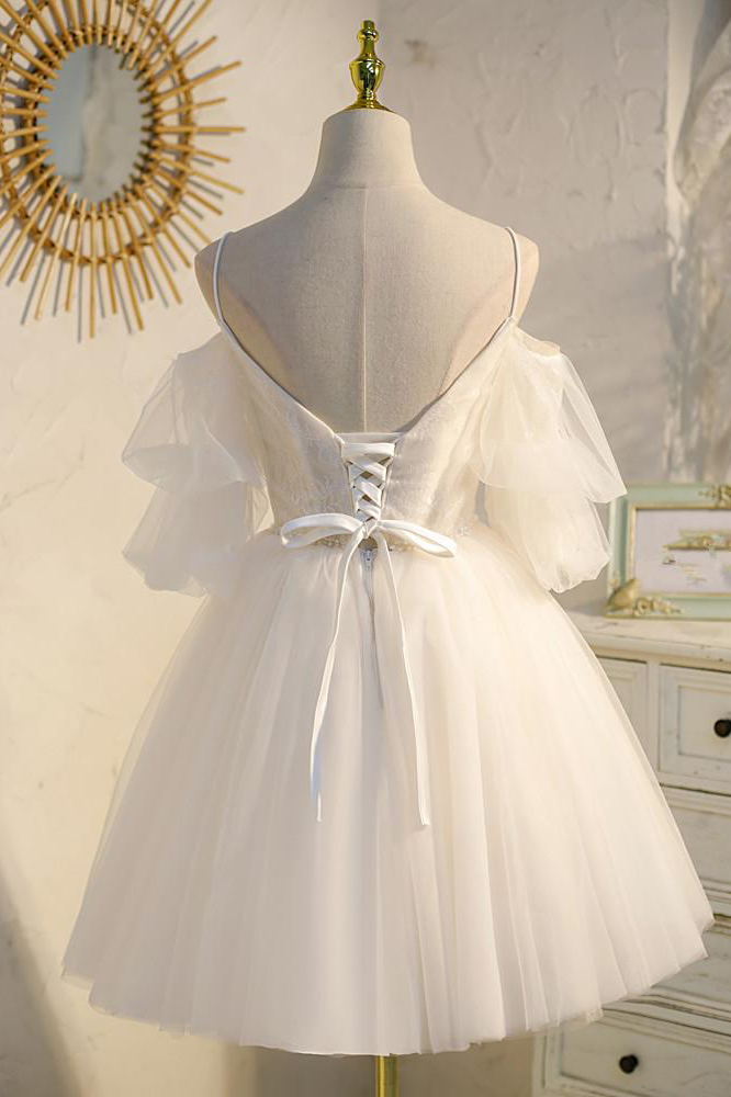 princess tulle lace short prom dress puffy sleeves homecoming dress
