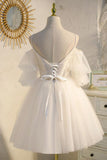 princess tulle lace short prom dress puffy sleeves homecoming dress