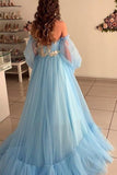 princess tulle off the shoulder long sleeve prom wedding dresses with appliques