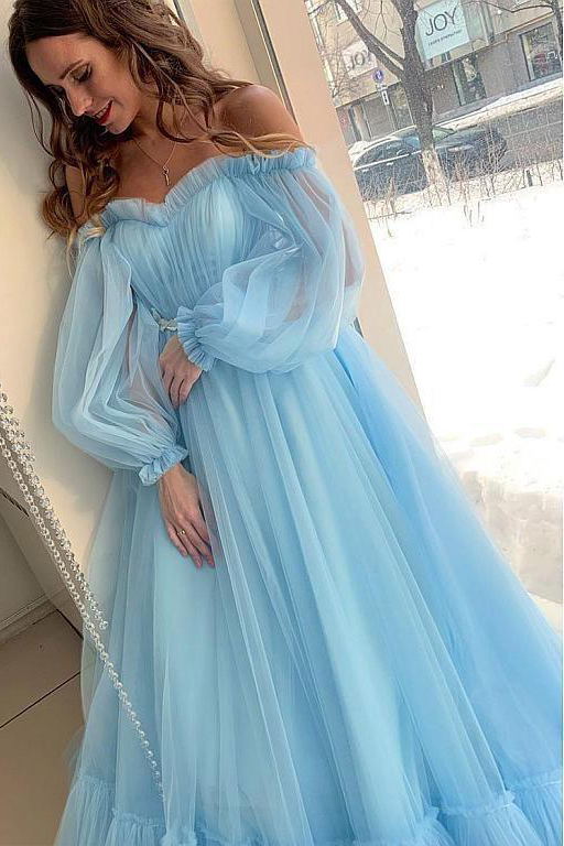 princess tulle off the shoulder long sleeve prom wedding dresses with appliques
