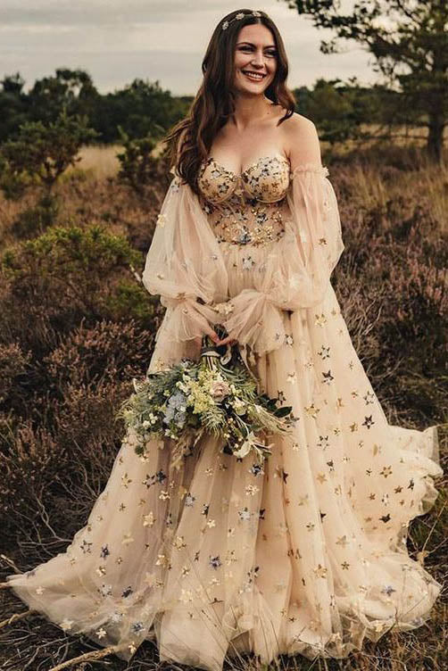princess tulle starry prom dress bubble sleeves stars boho wedding dress
