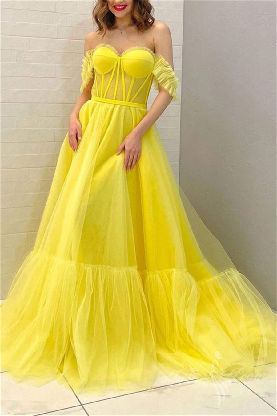 princess yellow off the shoulder tulle long prom dress evening dress