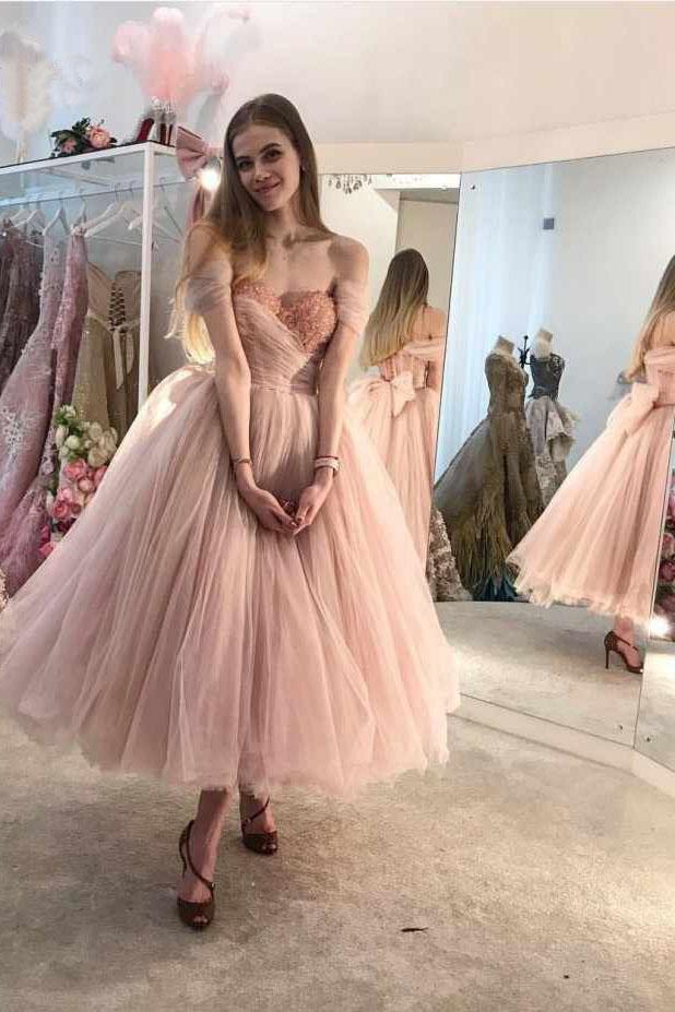 princess ball gown pink tulle off the shoulder beaded homecoming dresses with bowknot