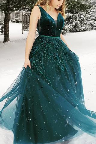 princess ball gown v neck dark green backless long prom dress