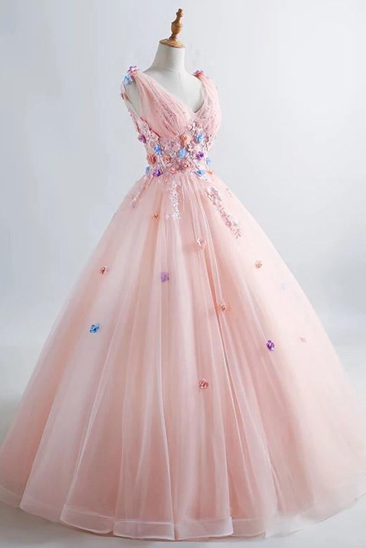 princess blush ball gown 3d floral applique v neck prom quinceanera dress