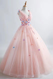 princess blush ball gown 3d floral applique v neck prom quinceanera dress