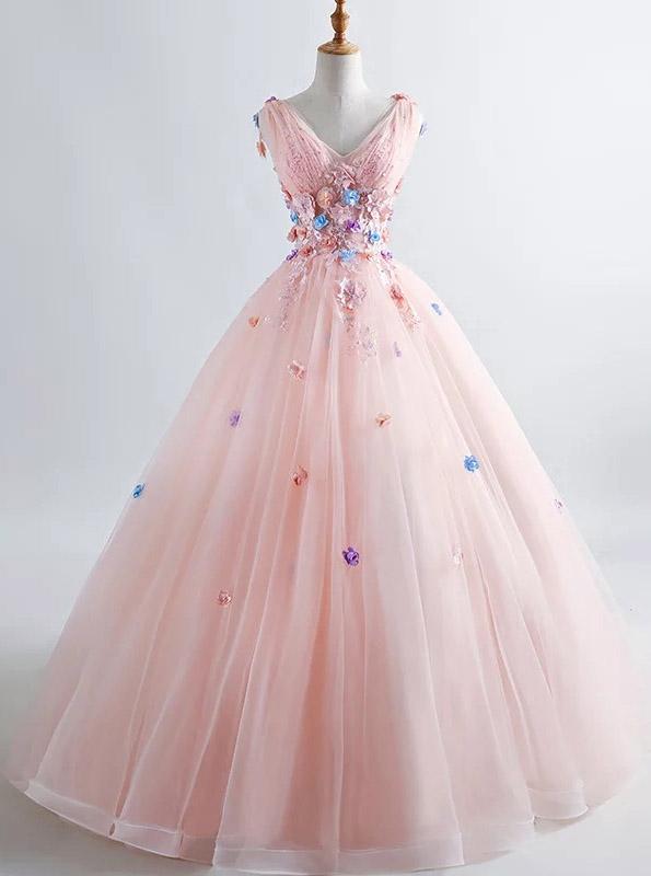 princess blush ball gown 3d floral applique v neck prom quinceanera dress