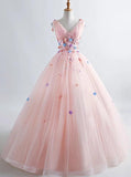 Princess Blush Ball Gown 3D Floral Applique V-neck Prom Quinceanera Dress MP839