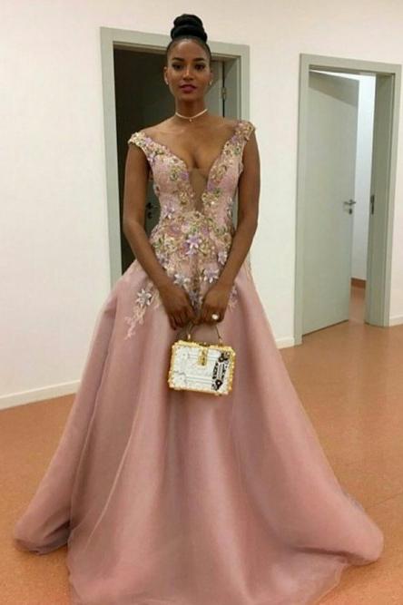 princess deep v neck floral appliques pearl pink tulle prom dress