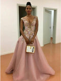 Princess Deep V-Neck Floral Appliques Pearl Pink Tulle Prom Dress MP892