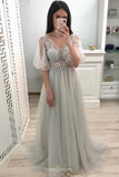 princess long prom dress with half sleeves v neck beaded party gown