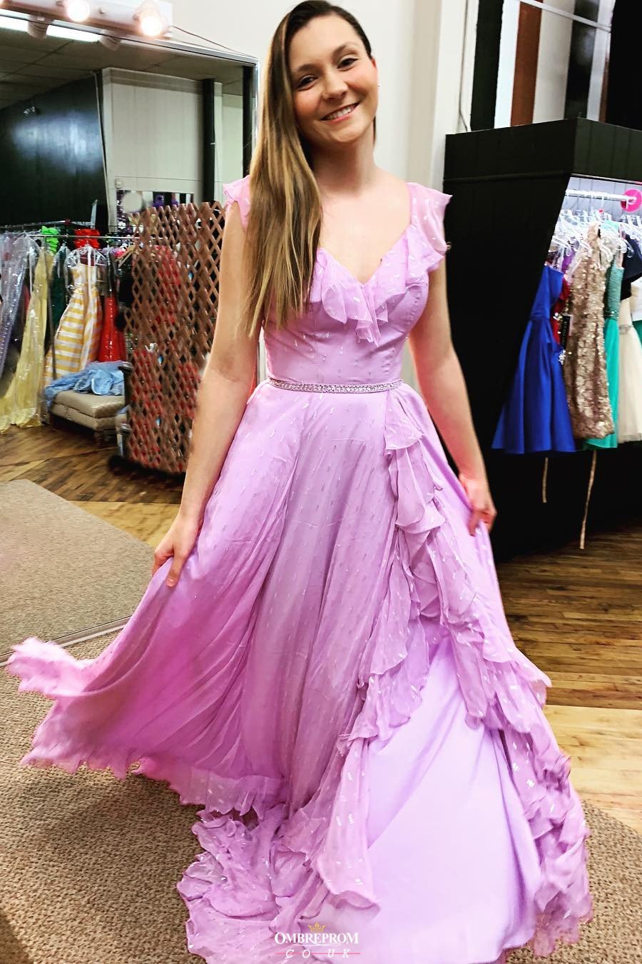princess flowy lilac backless long prom dress with ruffles