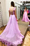 princess flowy lilac backless long prom dress with ruffles