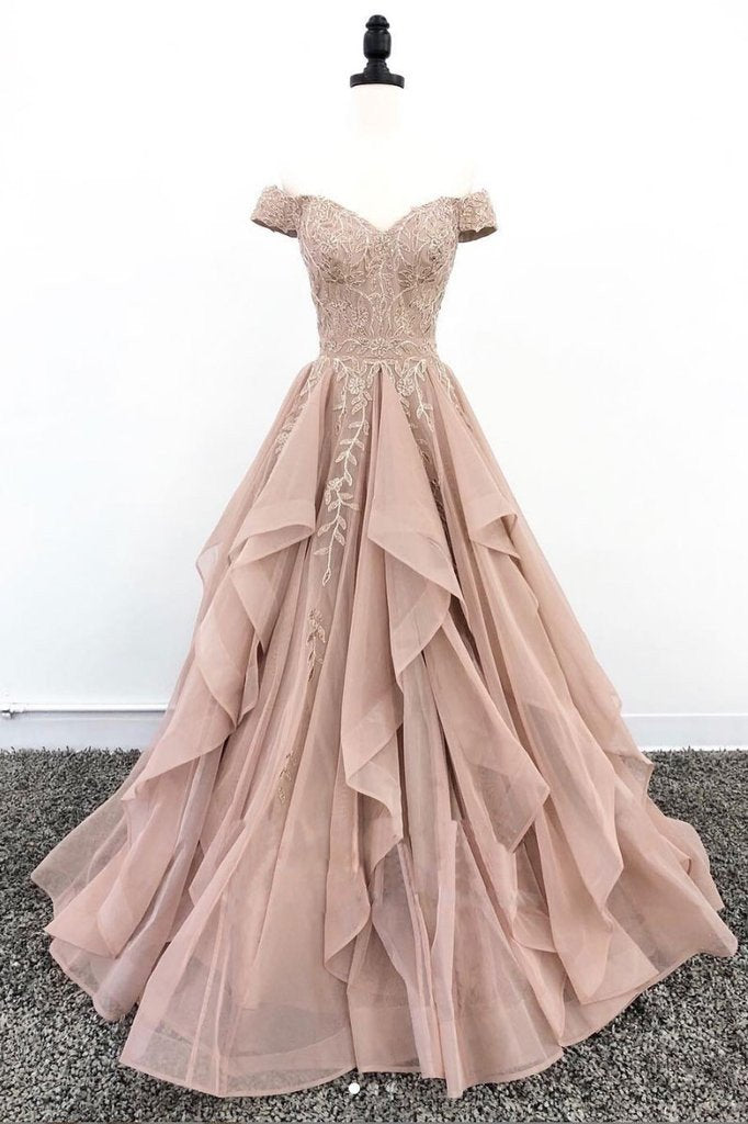 princess off shoulder tulle appliques long formal prom dress