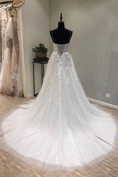 princess spaghetti straps lace tulle lace up beach wedding dress