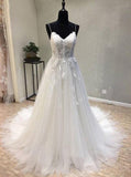 Princess Spaghetti Straps Lace Tulle Lace-up Beach Wedding Dress PW270