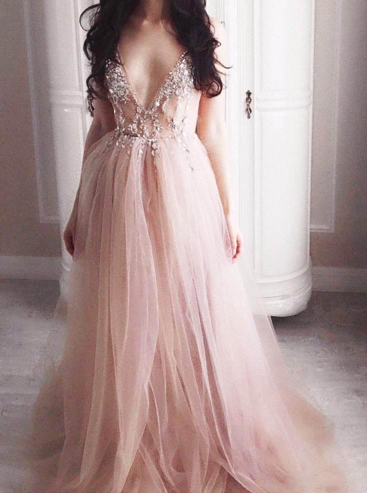 princess tulle long prom dresses v neck lace backless formal evening dress