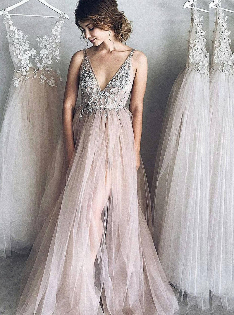 princess tulle long prom dresses v neck lace backless formal evening dress