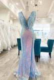 purple iridescent sequin feather long prom dress evening gown with slit