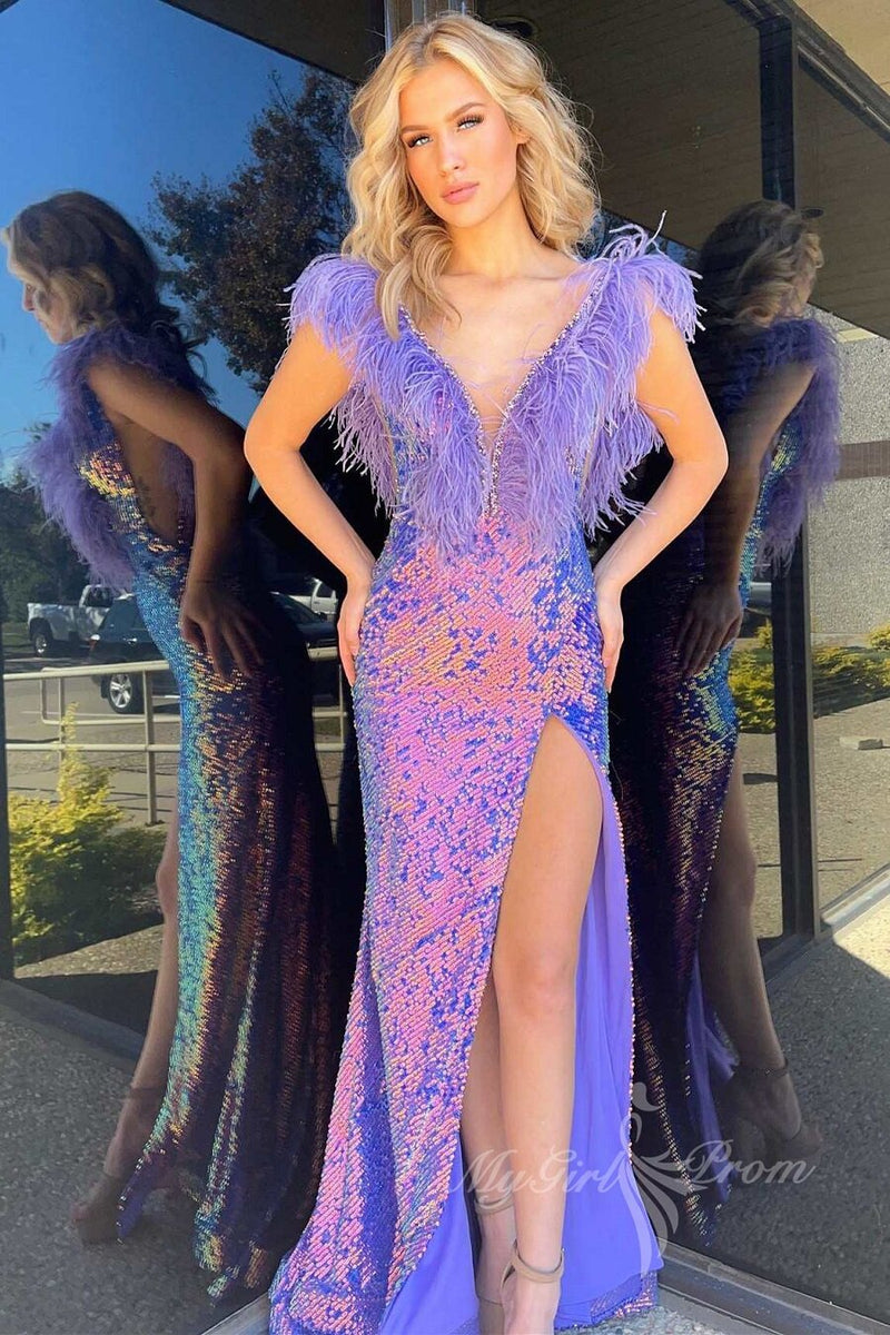 purple iridescent sequin feather long prom dress evening gown with slit