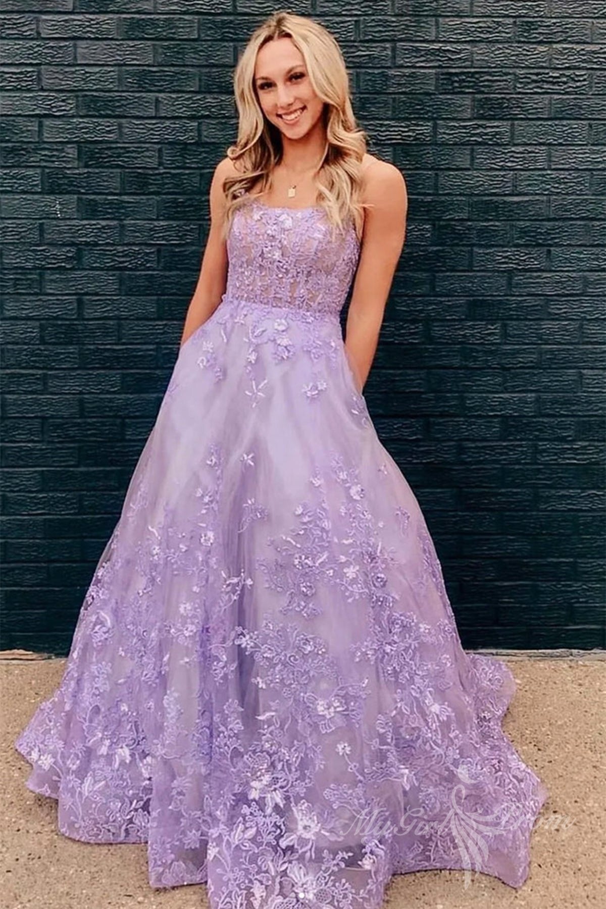 Purple Lace Floral Long Prom Dresses Sleeveless Formal Evening Dress G –