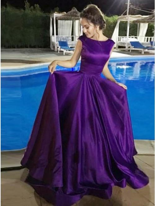 a line round neck open back purple satin long prom dress