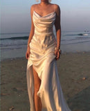 spaghetti straps simple long prom dresses with split slit evening gowns