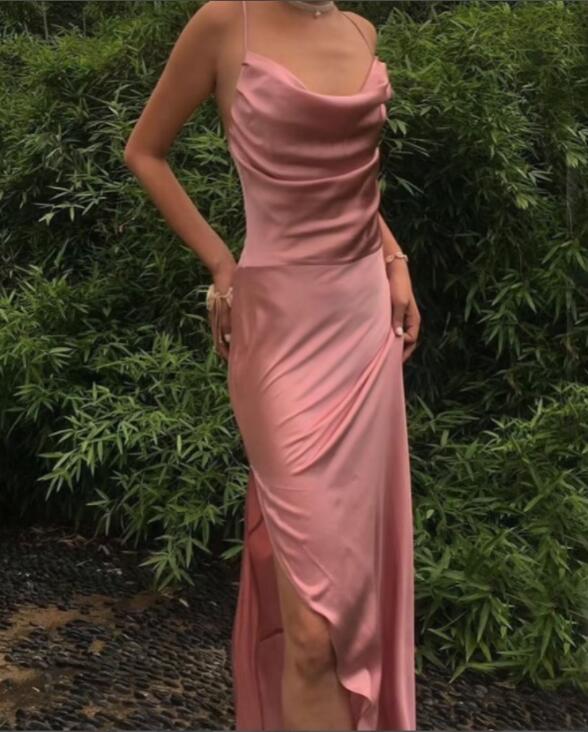 spaghetti straps simple long prom dresses with split slit evening gowns