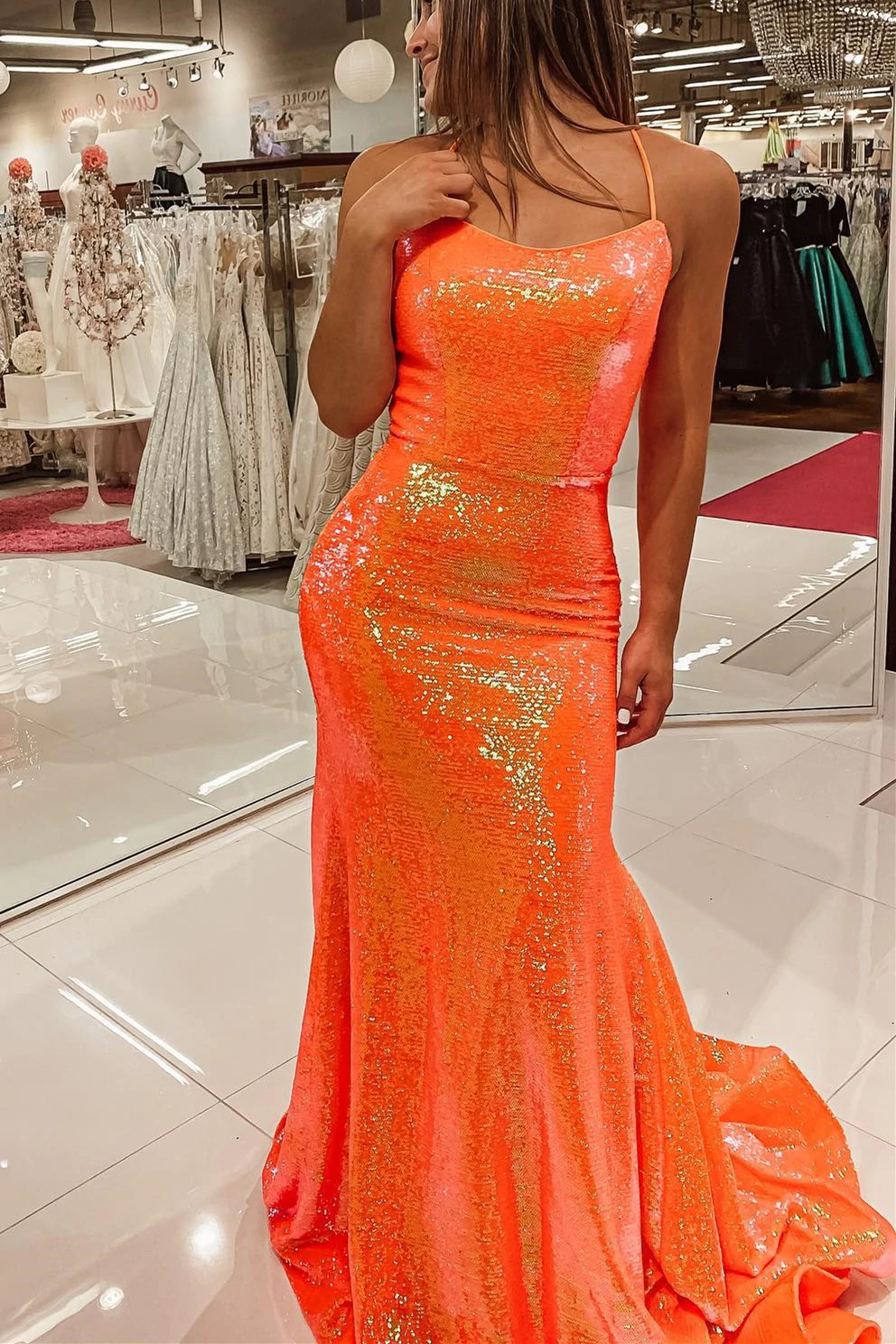 spaghetti straps orange mermaid long evening dress sparkly prom dresses