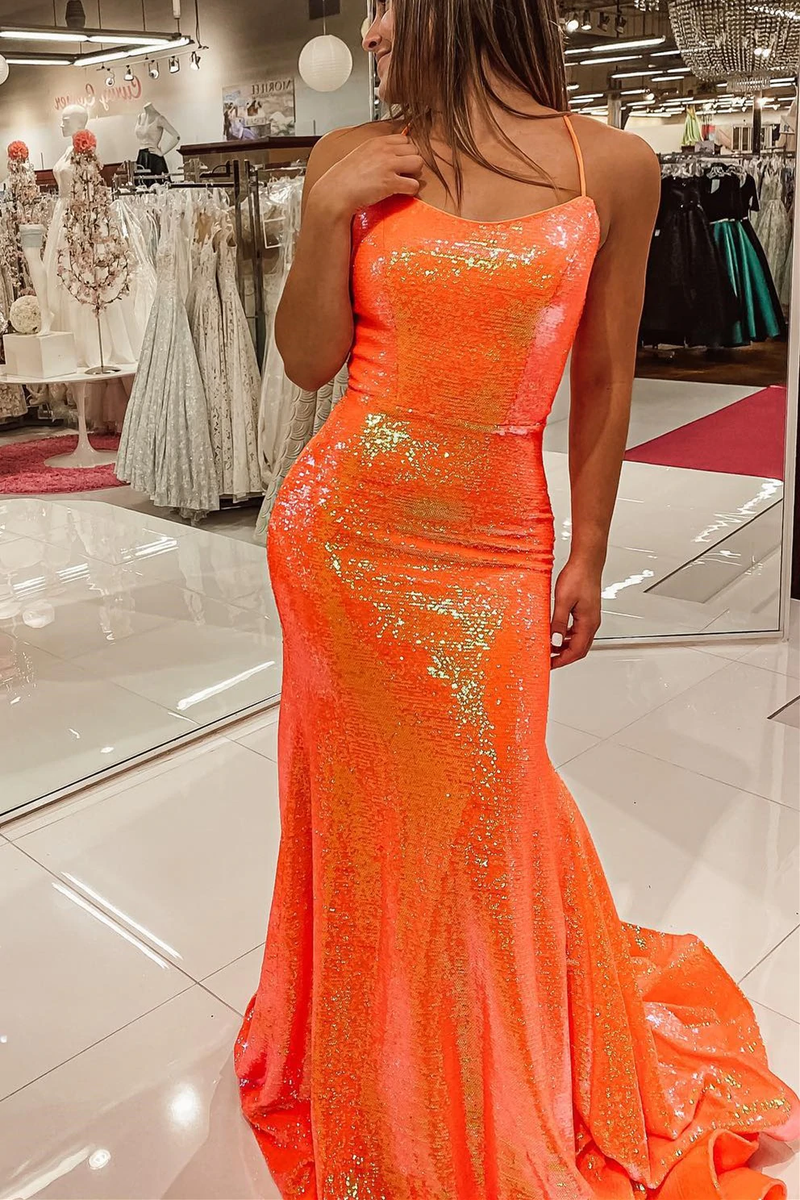spaghetti straps orange mermaid long evening dress sparkly prom dresses
